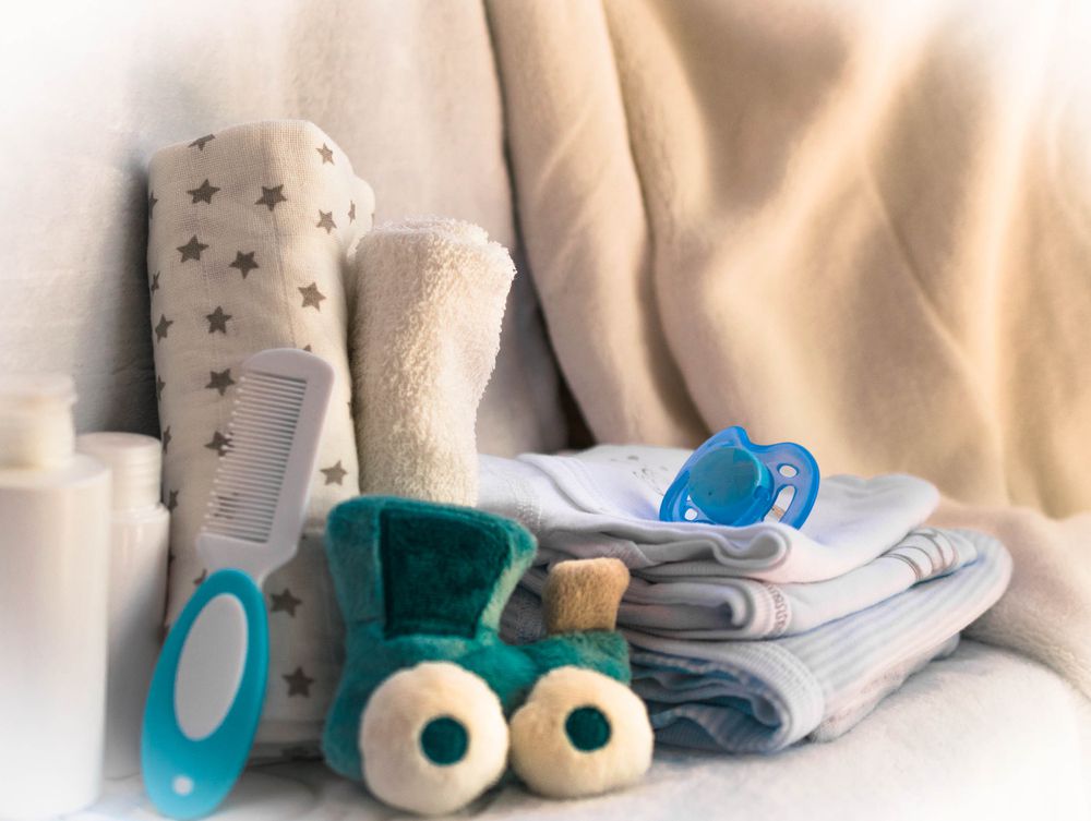 Set of accessories for baby things for child care. maternal concern about the baby. closeup