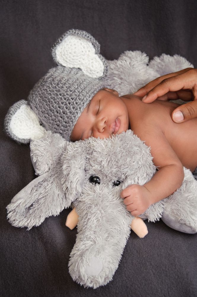 african american newborn with elephant hat cuddled and sleeping on elephant lovey while mom rubs his back